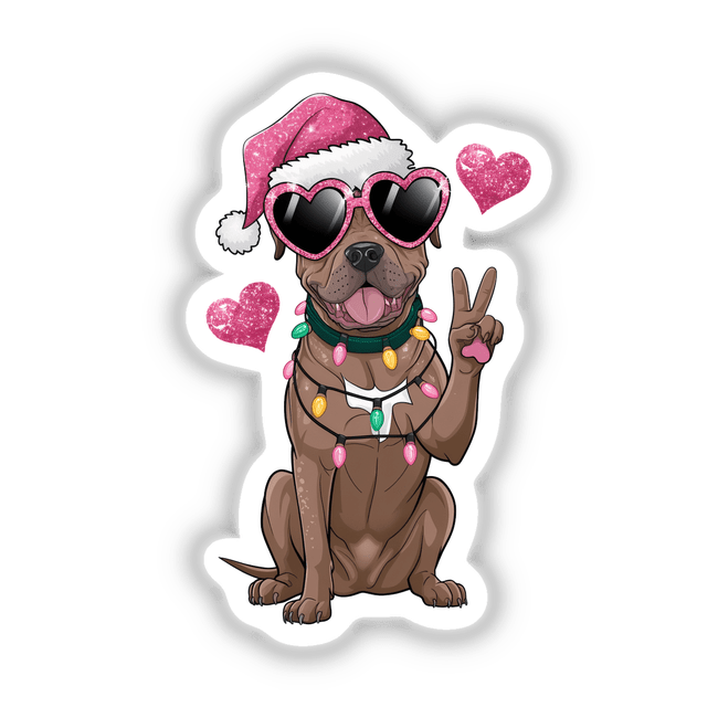 Christmas Santa Pitbull Dog Peace Sign: A cartoon pitbull wearing a Santa hat and sunglasses, embellished with Christmas lights, available as unique stickers or digital artwork from Decal Venue.