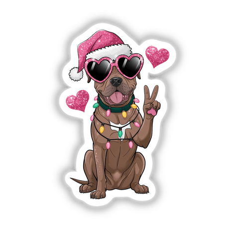 Christmas Santa Pitbull Dog Peace Sign: A cartoon pitbull wearing a Santa hat and sunglasses, embellished with Christmas lights, available as unique stickers or digital artwork from Decal Venue.