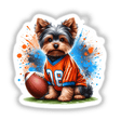 Yorkie Dog in Orange and Blue Football Jersey depicted in a fun, cartoonish style, available as stickers or digital artwork.