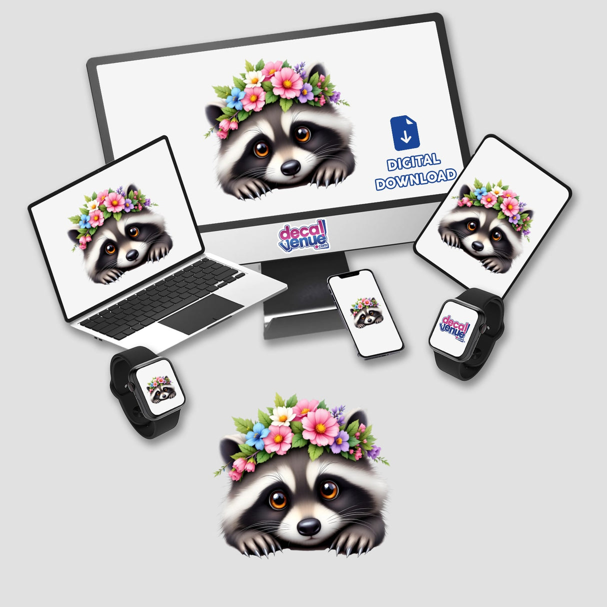 Cute Raccoon with a Colorful Flower Crown displayed on a laptop screen, showcasing its availability as stickers or digital artwork from Decal Venue, known for unique stickers and digital art.