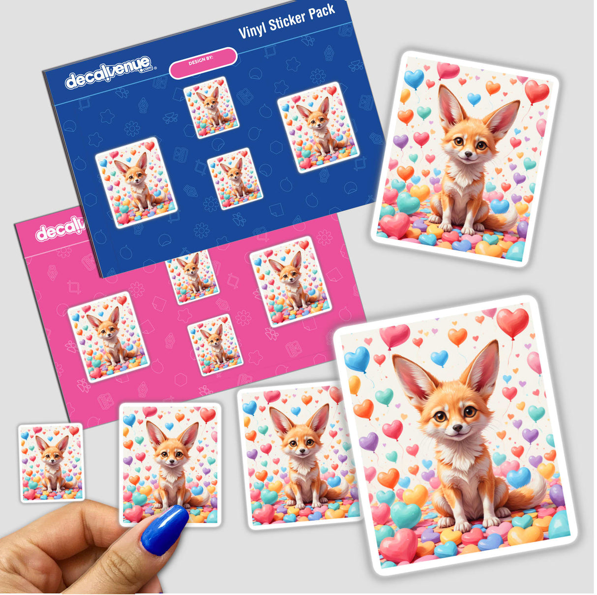 Cute Fennec Fox With Love Hearts sticker, featuring a cartoon fox surrounded by hearts and colorful balloons. Available as vinyl stickers or digital artwork from Decal Venue.