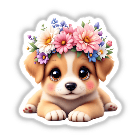 Playful Puppy with a Springtime Flower Crown illustrated as a cartoon dog wearing a floral headpiece, available as stickers or digital artwork from Decal Venue.