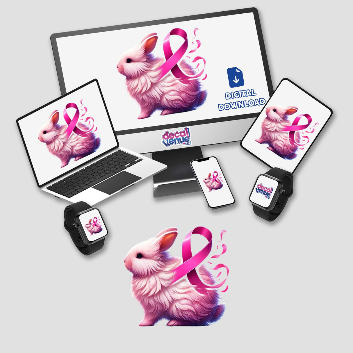 Fluffy Rabbit Pink Ribbon Breast Cancer sticker or digital artwork featuring a pink rabbit with a ribbon displayed on a computer monitor and laptop screen.