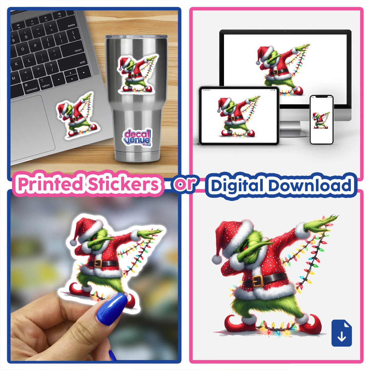 Dabbing w/Christmas Lights Green Grouch in Santa Outfit sticker, featuring a cartoon character holding Christmas lights, ideal for laptops or as digital art from Decal Venue.