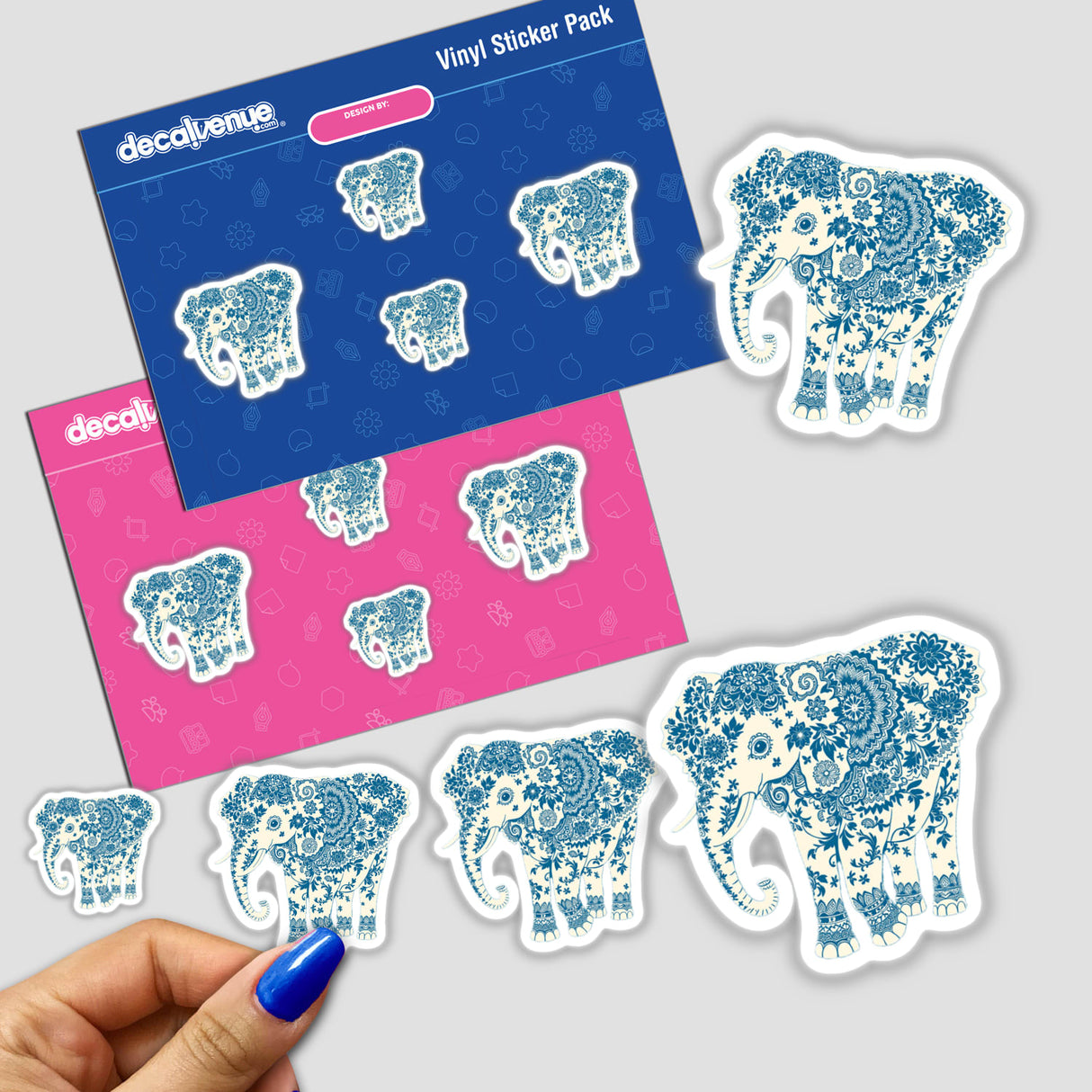 Chinoiserie Elephant sticker pack featuring intricate elephant designs, with a close-up of a hand showcasing one sticker. Available as both stickers and digital artwork.