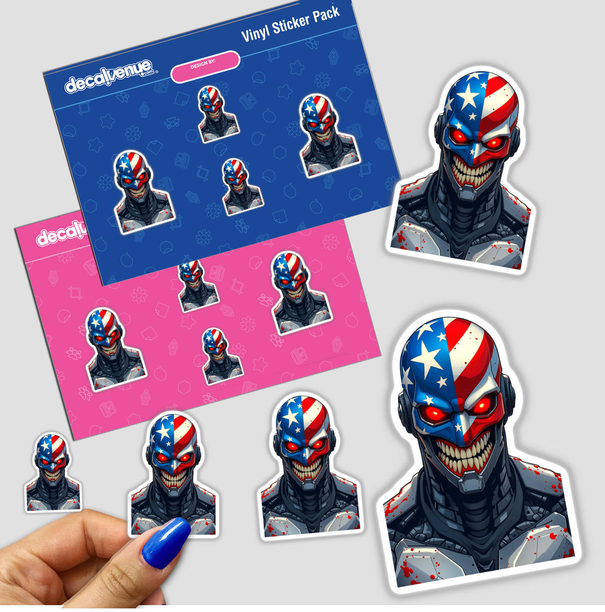 A Cool American Flag Army Cyborg sticker featuring a cartoon robot with flag elements, ideal for fans of unique decals and digital art from Decal Venue.