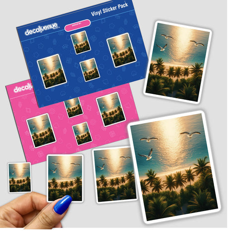 Sticker pack titled Sunset Over Tropical Beach – Palm Trees and Flying Seagulls, featuring birds and beach scenes, held in a hand, showcasing unique vinyl art from Decal Venue.