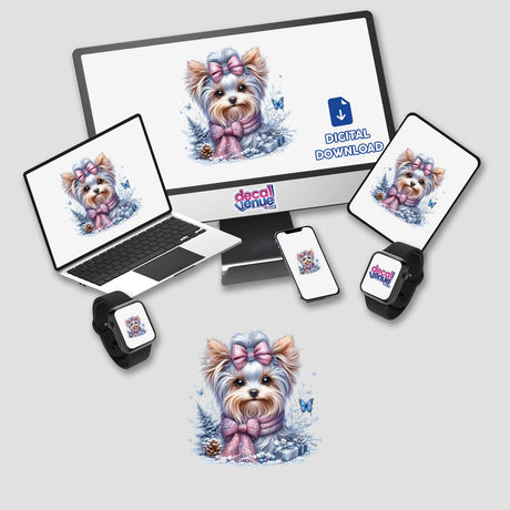 Pastel Watercolor Winter Yorkie Dog on computer monitor and laptop screens, showcasing unique digital artwork available as stickers or digital downloads from Decal Venue.