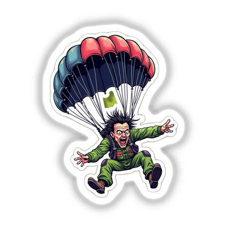 Paraquedista Muito Doidão: Cartoon character with a parachute, exaggerated screaming expression, and open mouth. Available as stickers or digital artwork at Decal Venue.