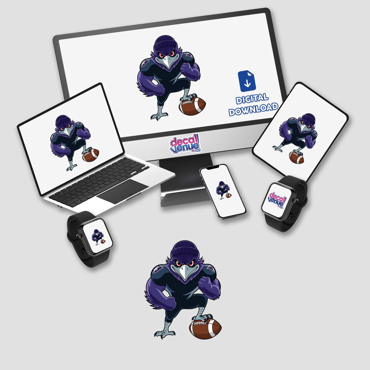 Purple Ravens Bird with Football displayed on a computer monitor and laptop screen, showcasing a cartoon bird holding a football. Available as stickers or digital artwork at Decal Venue.