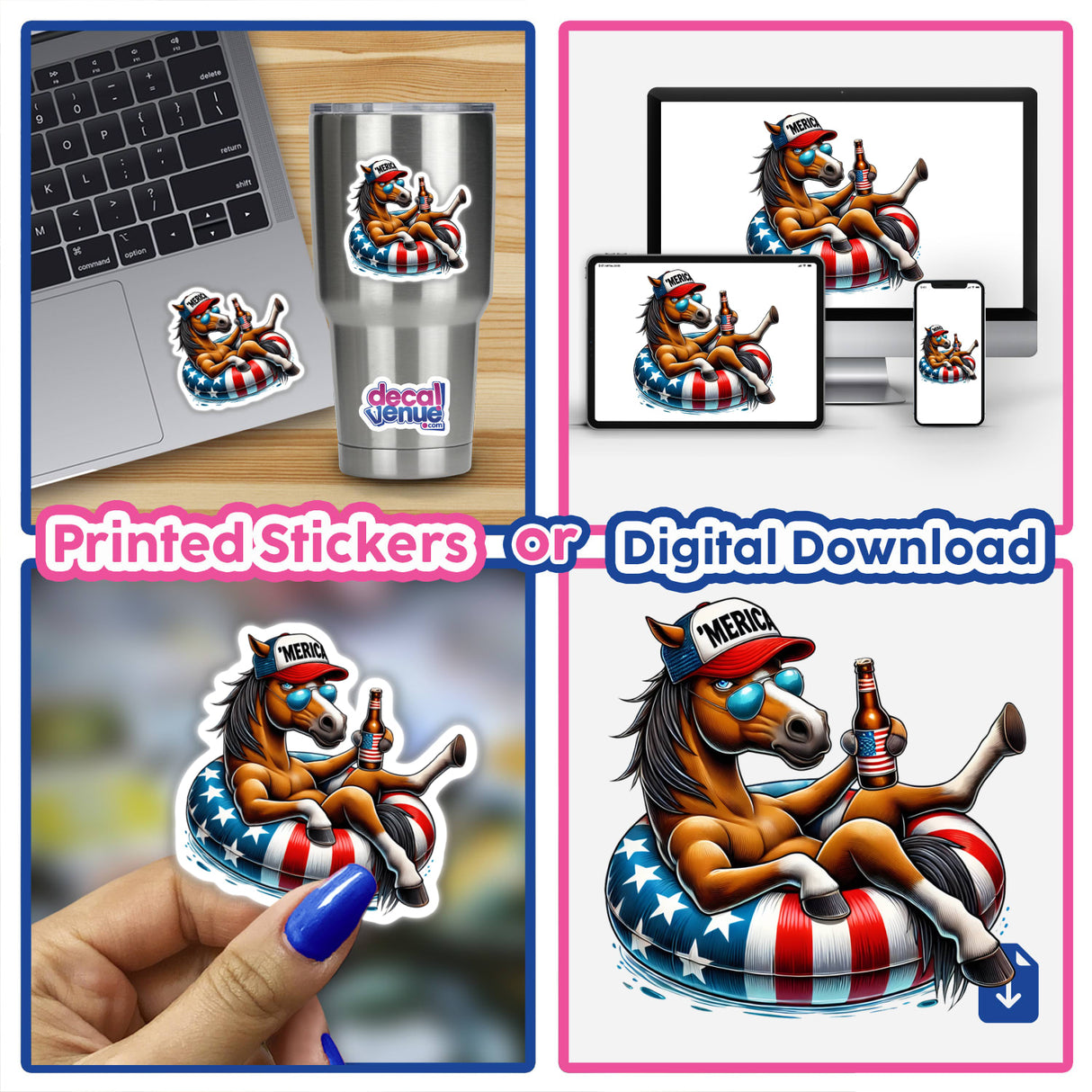 Patriotic American horse character floating on a flag-patterned inner tube, showcased on various product formats including a laptop, mobile devices, and a stainless steel tumbler, all from the Decal Venue store offering unique digital art and stickers.