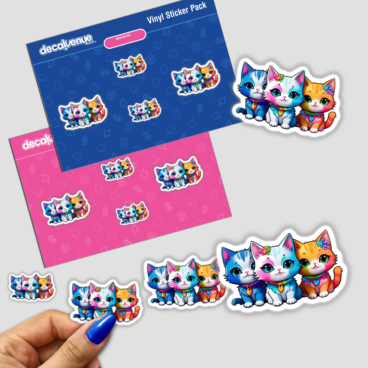 Sticker pack titled Three Kitties featuring various cartoon cats, one with a flower in its hair, available as stickers or digital artwork from Decal Venue.