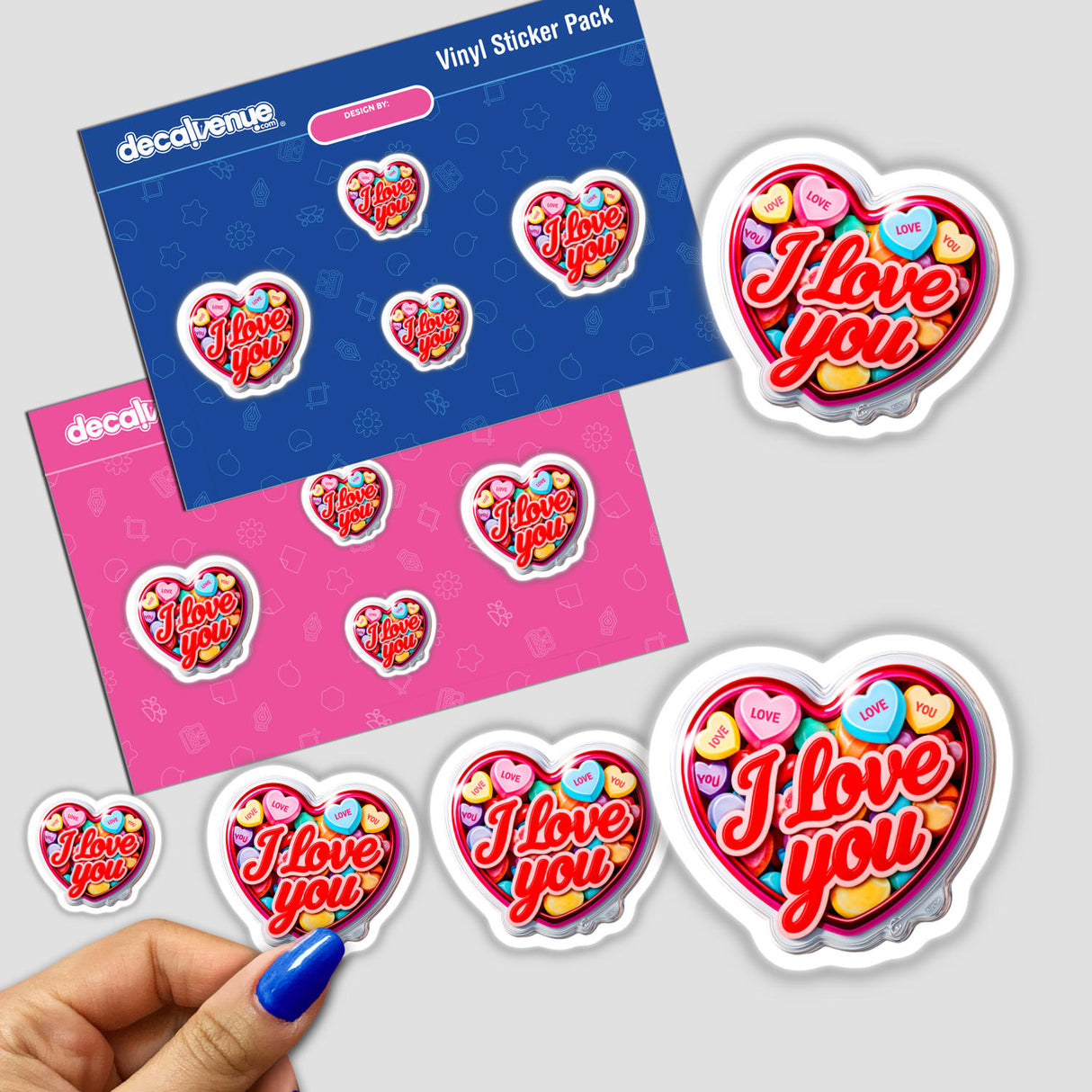 I Love You Valentine's Day Heart sticker pack features heart-shaped designs with text, perfect for expressing affection. Available as unique stickers or digital artwork from Decal Venue.