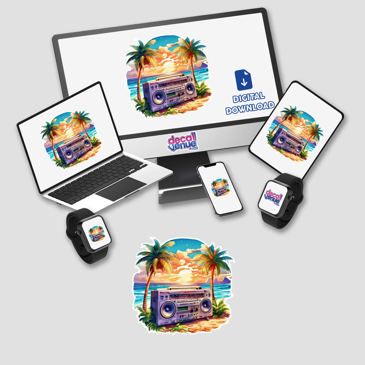 Vibrant digital artwork featuring a retro boombox on a tropical beach scene with palm trees, sunset, and ocean waves. Showcased on various digital devices including a laptop, tablet, smartphone, and smartwatch. The Decal Venue logo suggests this is a digital download artwork available from their online store.