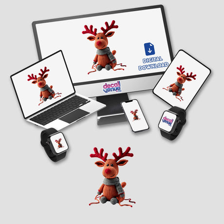 Knitted Yarn Reindeer displayed on a computer monitor and laptop, showcased as charming stickers or digital artwork.