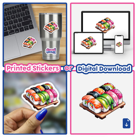 Collage of sushi-themed images showcasing the product Sushi Feast: Plate of Sushi, available as stickers or digital artwork from Decal Venue.