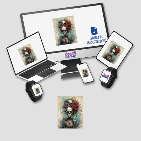 Beautiful Bones digital artwork displayed on various devices, including a computer monitor and laptop, showcasing intricate skeleton and floral designs. Available as stickers or digital art from Decal Venue.