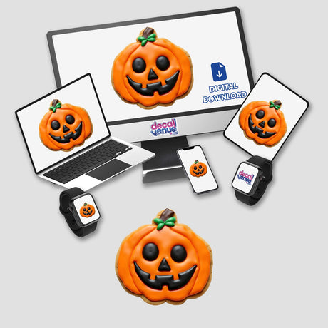 Pumpkin Shaped Cookie with Orange Icing and Black Jack-o-Lantern Face displayed on a laptop screen, available as stickers or digital artwork from Decal Venue.