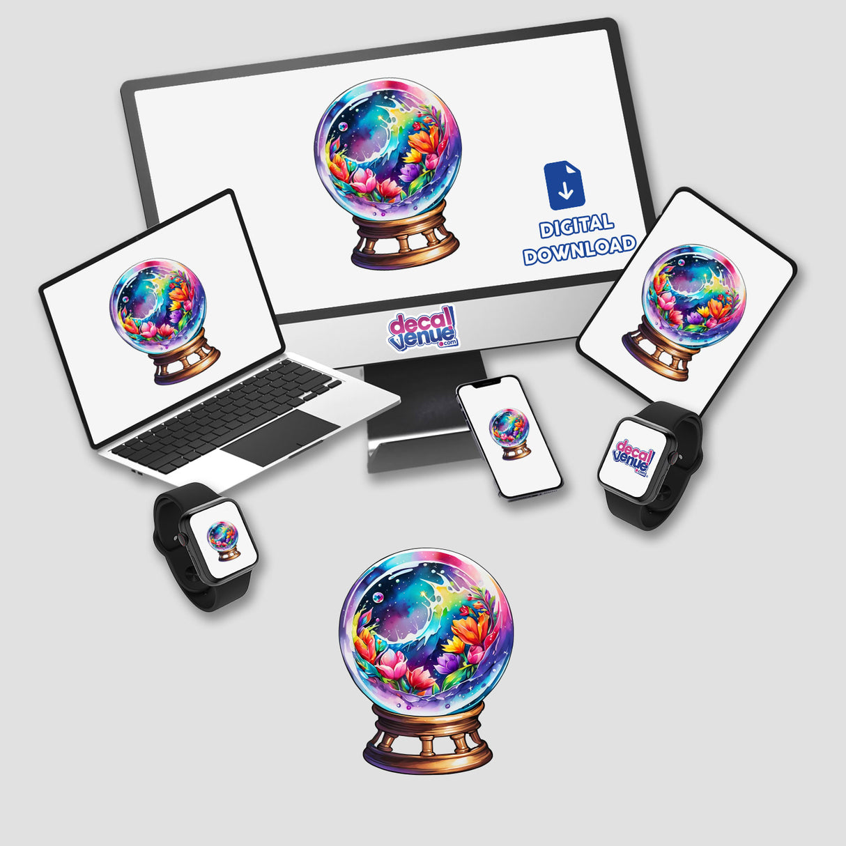 Crystal Ball Galaxy Landscape: Cosmic Sticker Design displayed on a computer monitor and laptop, featuring a digital artwork of a crystal ball with a cosmic scene inside.