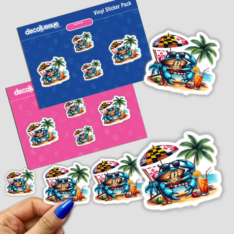 Maryland Shore Blue Crab Sitting in Beach Chair sticker, featuring a cartoon crab with sunglasses on a beach chair, surrounded by palm trees. Available as vinyl stickers or digital artwork.