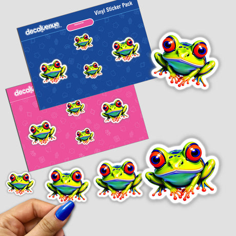 A Colorful Jungle Frog sticker pack featuring cartoon frogs with red eyes, available as stickers or digital artwork from Decal Venue, showcasing unique designs in line with their distinct offerings.