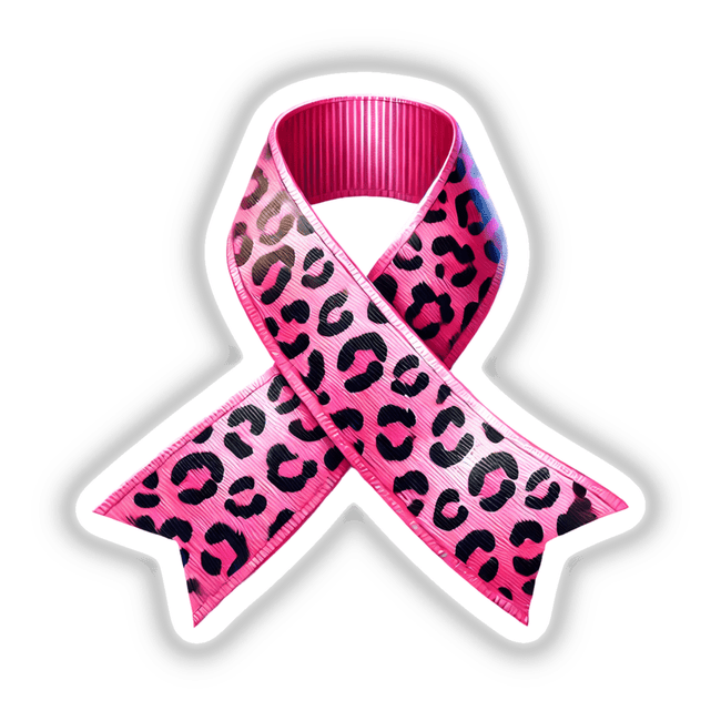 Leopard Spots Animal Print Pink Ribbon Breast Cancer design, featuring a pink ribbon with black spots. Available as stickers or digital artwork from Decal Venue, known for unique stickers and digital art.