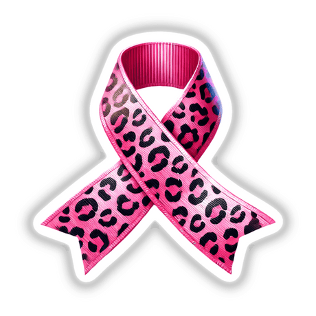 Leopard Spots Animal Print Pink Ribbon Breast Cancer design, featuring a pink ribbon with black spots. Available as stickers or digital artwork from Decal Venue, known for unique stickers and digital art.