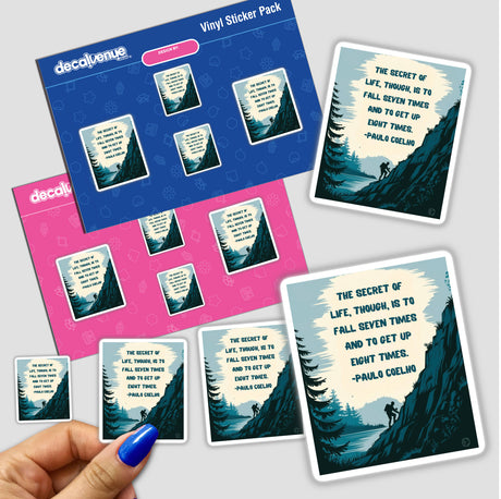 Hand holding stickers with motivational quotes, featuring Fall Seven Times, Get Up Eight by Paulo Coelho. Available as stickers or digital artwork for commercial use.