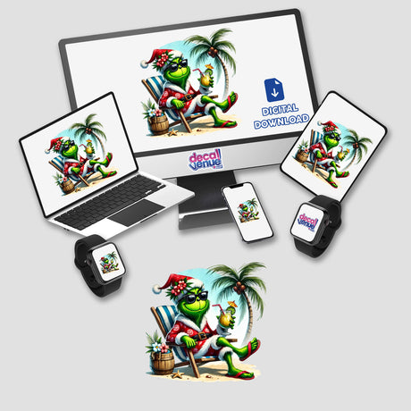 Green Grouch Tropical Santa Relaxing on Beach II depicted on a computer monitor and laptop, showcasing a green cartoon character lounging on a chair with a drink. Available as stickers or digital artwork.