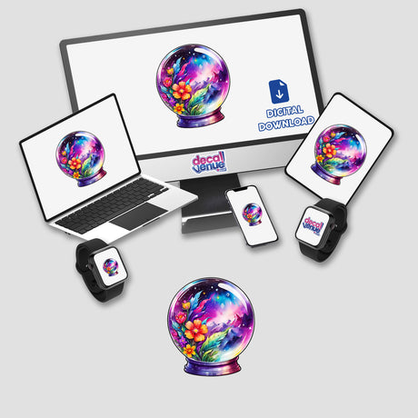 Galaxy Landscape in a Crystal Ball: Cosmic Sticker Design featuring a computer monitor, laptop, and phone screen displaying a vibrant globe. Available as stickers or digital artwork.