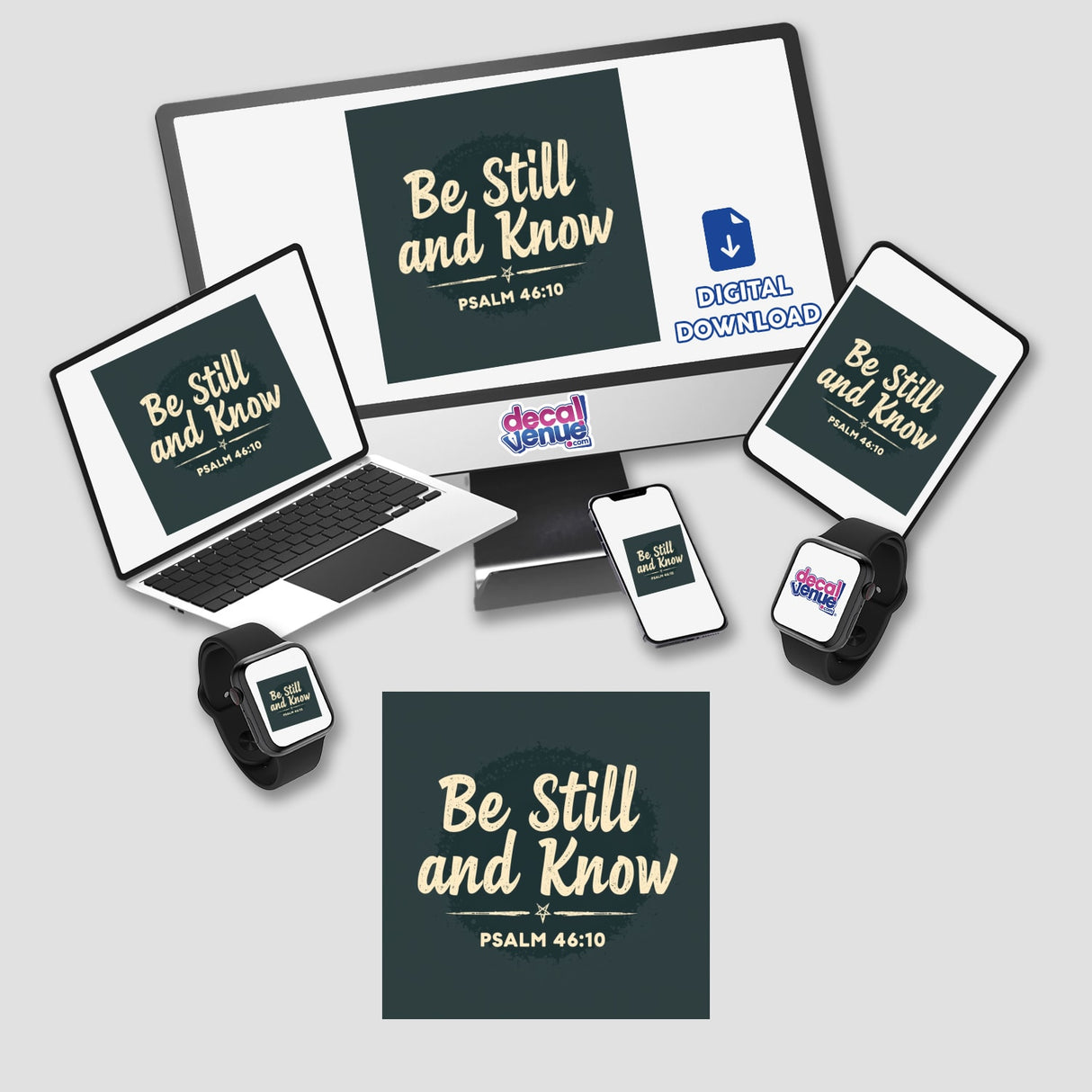 Be Still and Know – Inspired by Psalm 46:10 sticker or clipart displayed on a digital screen, showcasing Christian affirmation for commercial use.