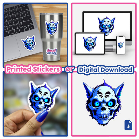 Collage featuring A Cool Undead Cat Skull as stickers and digital downloads, showcasing a cartoon skull on a laptop, cup, and within digital artwork.