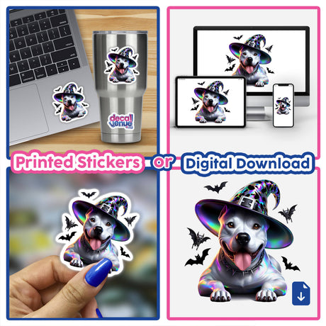 Colorful Halloween pitbull dog digital artwork with bats, printed stickers, and digital download options