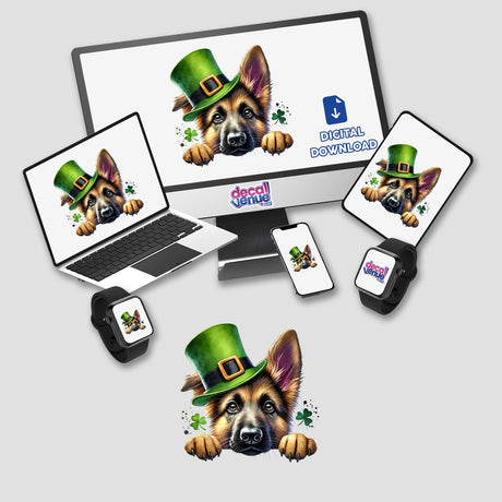 Peeking St Patricks Day German Shepherd Dog featured on a computer monitor and laptop, showcasing a dog with a green hat. Available as stickers or digital artwork.