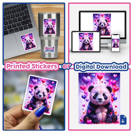 Cute Panda Bear with Love Hearts sticker on a laptop, showcasing the adorable panda surrounded by hearts, available as a vinyl sticker or digital artwork from Decal Venue.