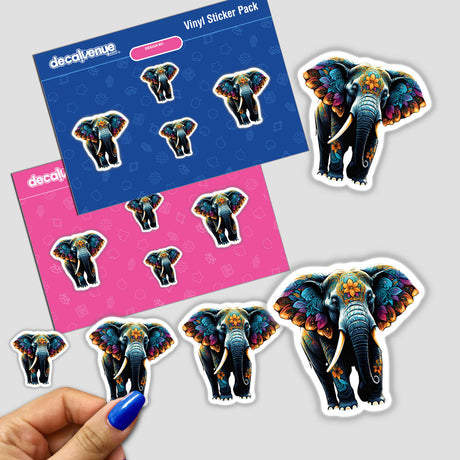 Colorful elephant floral tattoo digital art stickers on a blue and pink background, showcasing the artistic product placement.