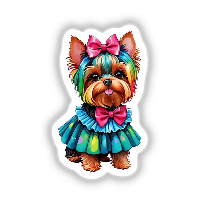 Yorkie Chic: Cute Dog in Rainbow Floral Dress – a cartoon of a Yorkie wearing a colorful bow-adorned dress, available as stickers or digital artwork.