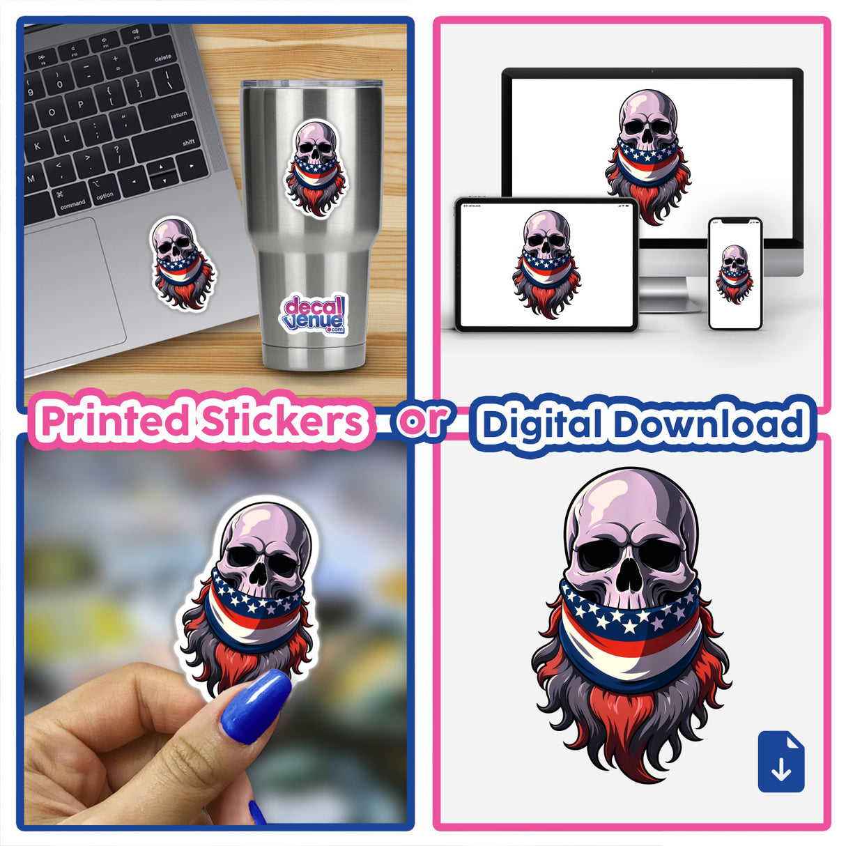 Cool Skull with an American Flag Bandana sticker collage, featuring various depictions of skulls with beards and patriotic bandanas, suitable for laptops, cups, and more from Decal Venue.