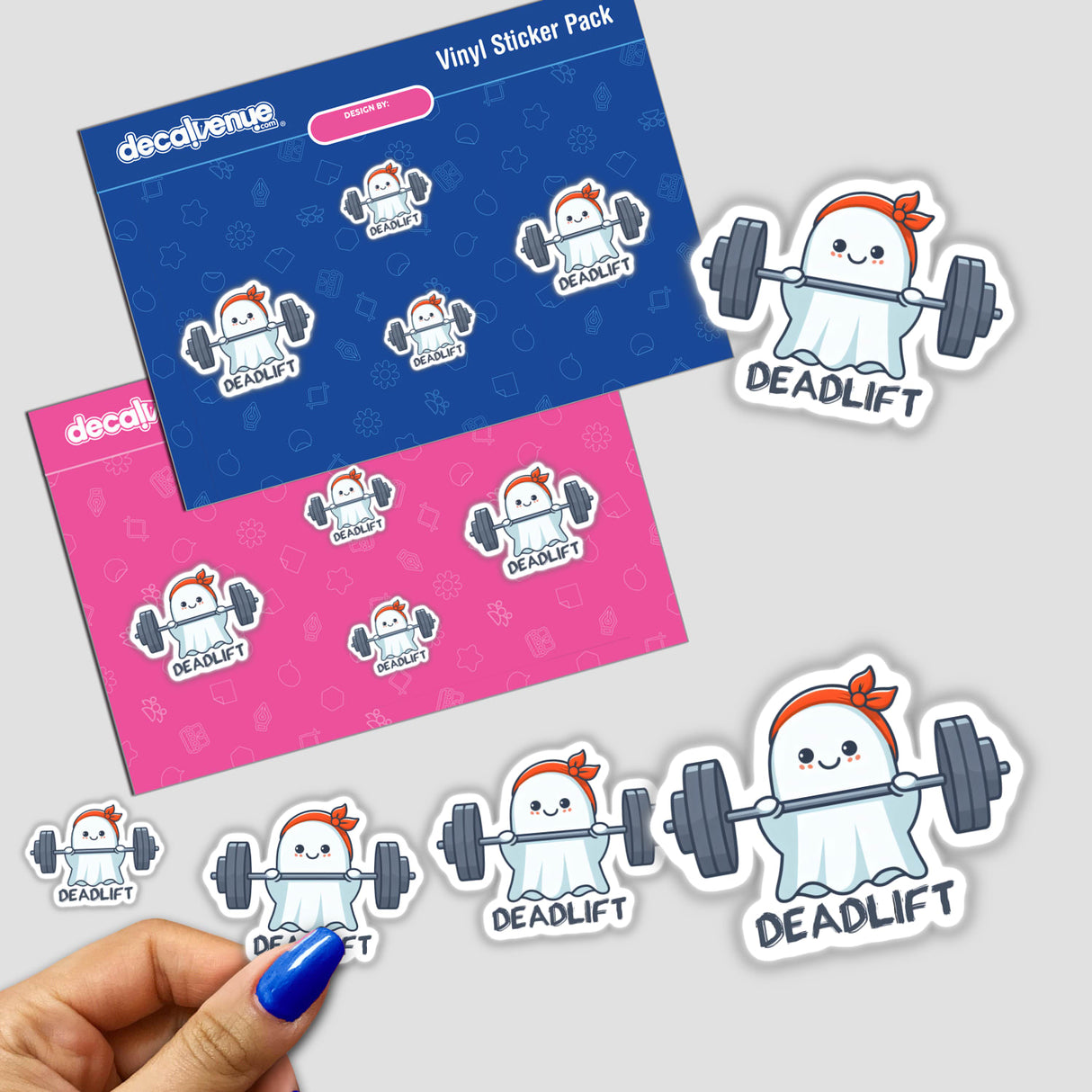 Cute Deadlift Ghost stickers featuring a cartoon ghost lifting weights, available as both physical stickers and digital artwork.