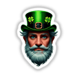 St. Patrick's Day Leprechaun sticker featuring a bearded man wearing a clover-decorated green hat, available as stickers or digital artwork from Decal Venue.