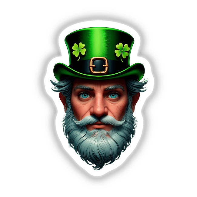 St. Patrick's Day Leprechaun sticker featuring a bearded man wearing a clover-decorated green hat, available as stickers or digital artwork from Decal Venue.