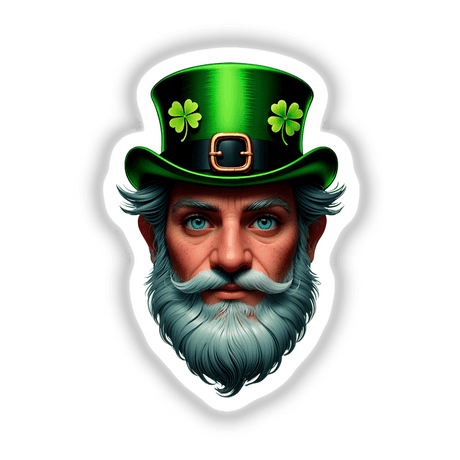 St. Patrick's Day Leprechaun sticker featuring a bearded man wearing a clover-decorated green hat, available as stickers or digital artwork from Decal Venue.