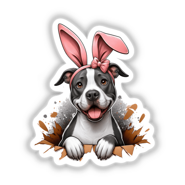 Peek a Boo Pitbull Bunny illustration featuring a dog with bunny ears and a red bandana, available as stickers or digital artwork from Decal Venue.