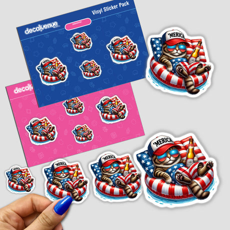 Colorful digital stickers depicting a patriotic cat wearing sunglasses and floating on an American flag-themed inner tube, packaged in a Decal Venue vinyl sticker pack.