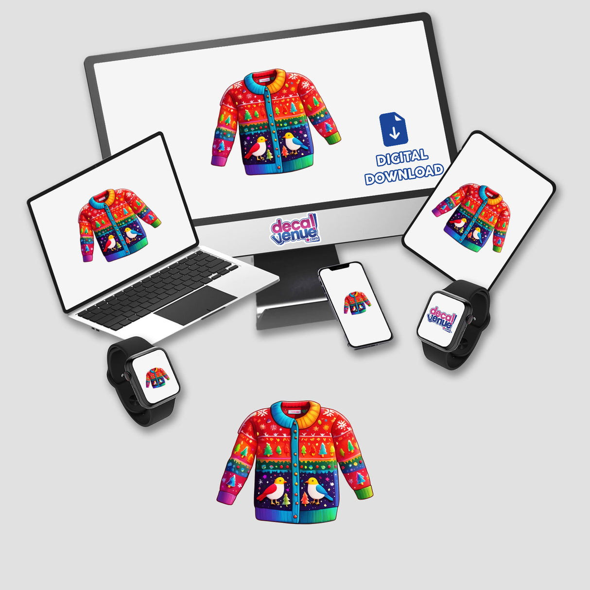 Ugly Christmas sweater displayed on a computer monitor, laptop, and smartphone, highlighting its design available as stickers or digital artwork.