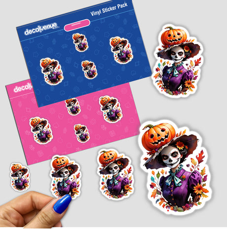 Spooky Autumn Halloween Portrait: Crow, Pumpkin, Scarecrow, and Jack-o'-Lantern Sticker Design, shown with a hand holding one sticker, depicting a woman with a pumpkin on her head.