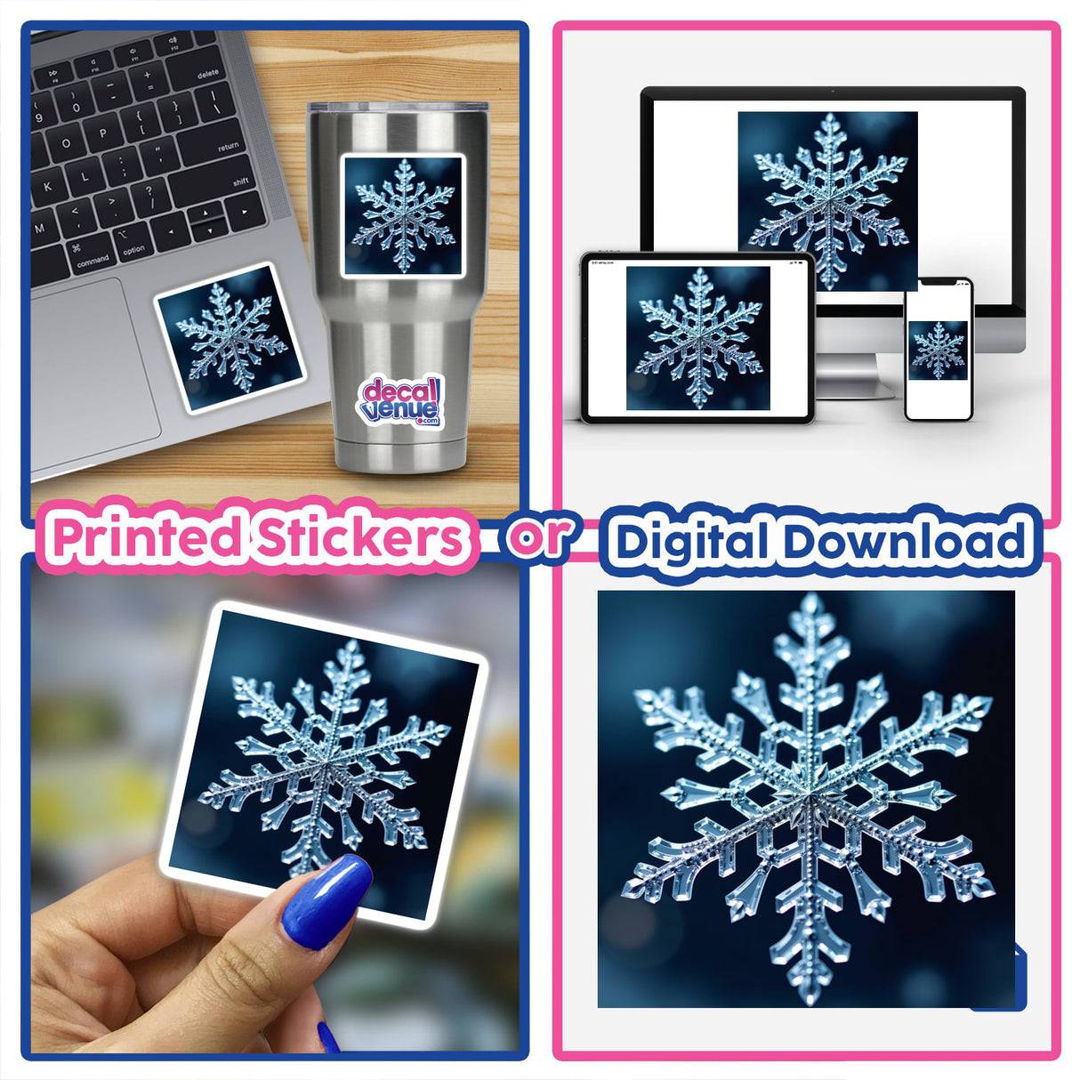 Elegant Snowflake Envelope Seal Stickers – Winter Wonderland Stationery, featuring a collage of laptops adorned with intricate snowflake designs, highlighting the unique sticker's versatility and elegance from Decal Venue's collection.