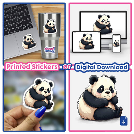 Collage featuring Adorable Sad Panda Bear Sitting Alone stickers and digital artwork, showcasing various cartoon pandas, including close-ups and scenes on laptops and cups.