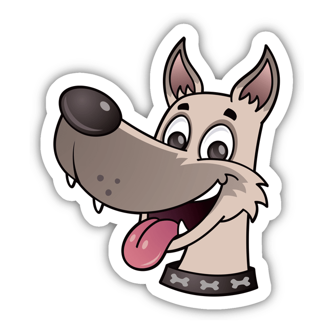 Happy Dog cartoon sticker featuring a playful dog with its tongue out, accompanied by a dog bone, available in a Sticker Pack or as single stickers from Decal Venue.