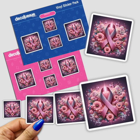 Breast Cancer Silver Series 3 stickers featuring pink ribbons and flowers.